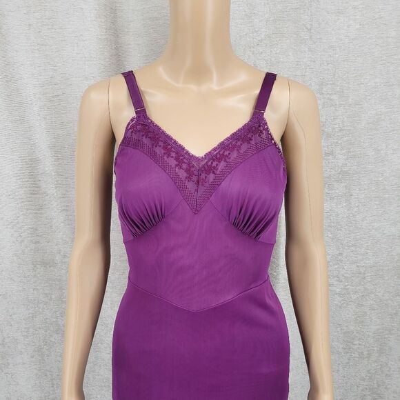 Vintage Slip Dress Upcycled Dyed Eggplant Purple with Lace and Embroidery Detail - Picture 2 of 11